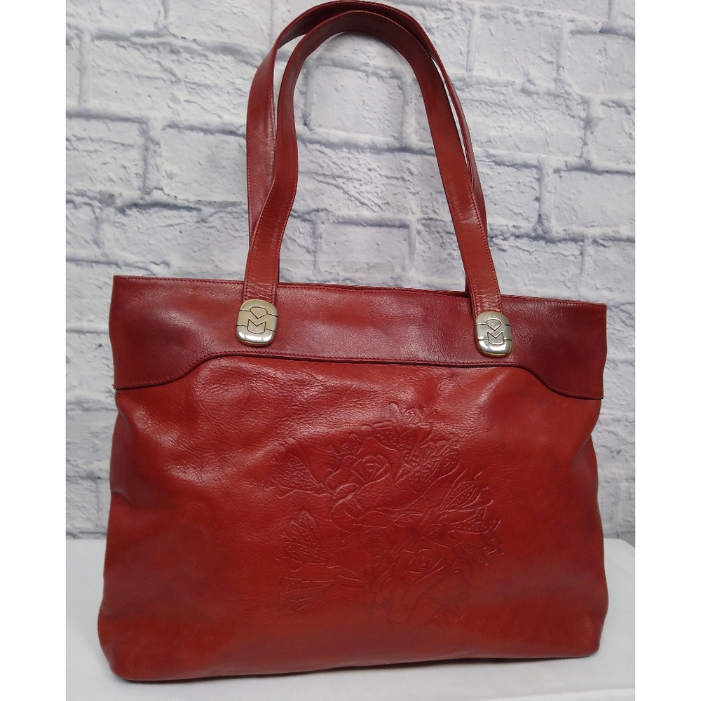 Vintage Marino Orlandi Italian Red Leather Embossed Floral Shoulder Bag